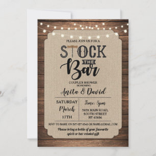 Stock The Bar Party Couple's Shower Burlap Wood Invitation