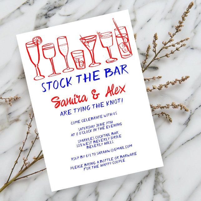 Stock the Bar Whimsical Cocktail Drinks Engagement Invitation (Stock the Bar Whimsical Cocktail Drinks Engagement Invitation Couples Shower doodle sketch trendy)