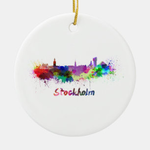 Stockholm skyline in watercolor ceramic tree decoration
