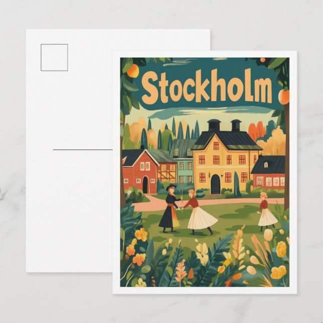 Stockholm Sweden Art Vintage Travel Illustration Postcard (Front/Back)