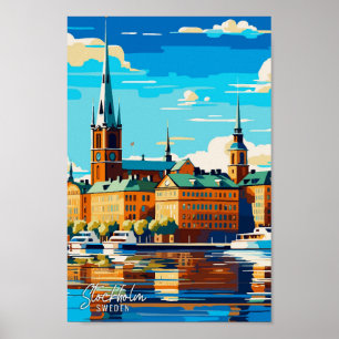 Stockholm Sweden Art Vintage Travel Illustration Poster