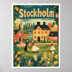 Stockholm Sweden Art Vintage Travel Illustration Poster