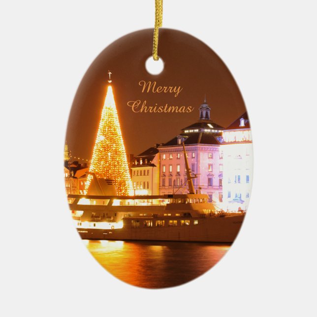 Stockholm, Sweden at Christmas at night Ceramic Tree Decoration (Front)