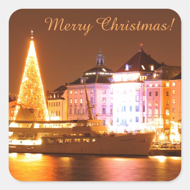 Stockholm, Sweden at Christmas at night Square Sticker (Front)