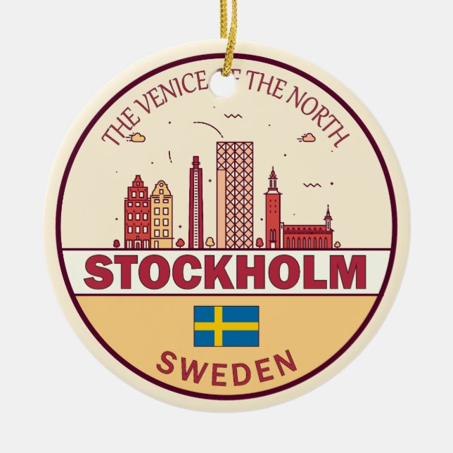 Stockholm Sweden City Skyline Emblem Ceramic Tree Decoration (Front)