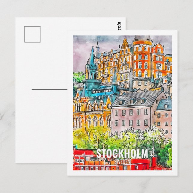 Stockholm Sweden Famous Travel Place Watercolor Postcard (Front/Back)