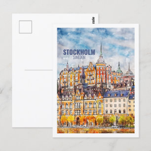 Stockholm Sweden  Famous Travel Watercolor Sketch Postcard