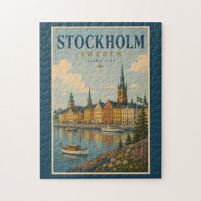 Stockholm Sweden Skyline Illustration Travel Art Jigsaw Puzzle (Vertical)
