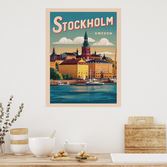 stockholm sweden travel vintage waterfront gifts poster (Kitchen)