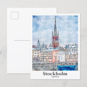 Stockholm Sweden Travel Watercolor Hand Drawn Postcard