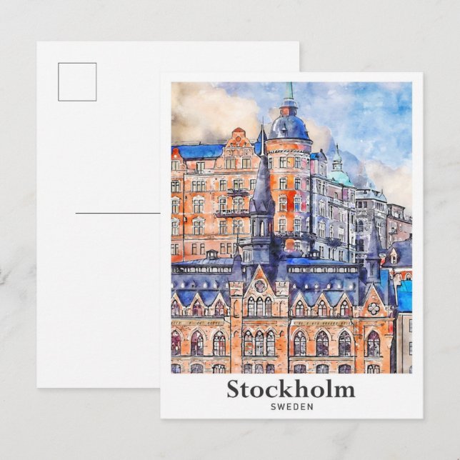 Stockholm Sweden Travel Watercolor Sketch  Postcard (Front/Back)