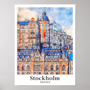 Stockholm Sweden Travel Watercolor Sketch  Poster