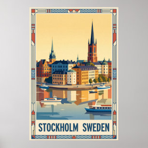 Stockholm Sweden Vintage Travel Illustration Poster