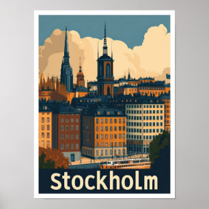 Stockholm Sweden Vintage Travel Illustration Poster