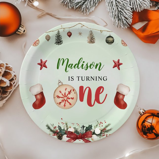 Stocking Christmas First Birthday Party Paper Plate (Creator Uploaded)