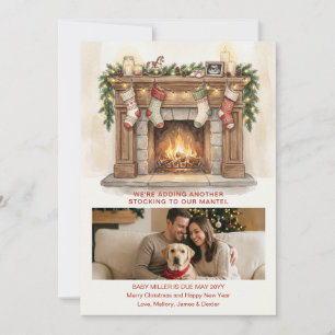 Stocking on the Mantel Christmas Photo Baby Reveal Holiday Card