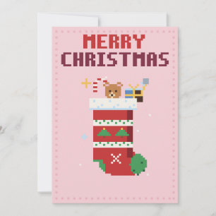 Stocking Pink Pixel Art Christmas Card