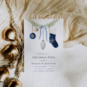 Stocking & Wreath Modern Blue Christmas Party Invitation