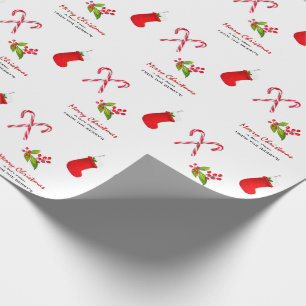 Stockings, Candy cane & Holly berry Christmas Wrapping Paper