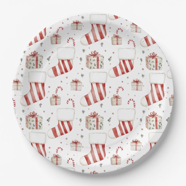 Stockings Candy Canes Presents Festive Christmas Paper Plate (Front)