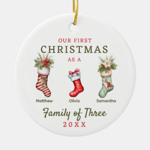 Stockings Family of Three First Christmas Ceramic Tree Decoration