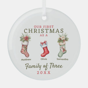 Stockings Family of Three First Christmas Glass Tree Decoration