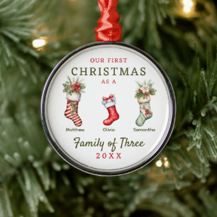 Stockings Family of Three First Christmas Metal Tree Decoration