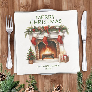 Stockings Fireplace Green Christmas Party Napkin