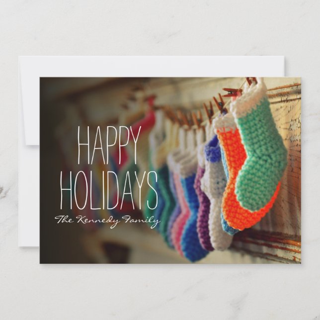 Stockings hanging along mantle holiday card (Front)