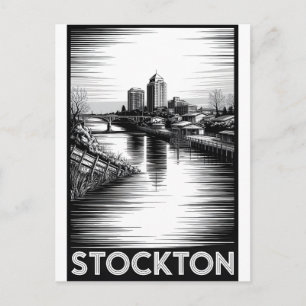 Stockton California Skyline Black White Woodcut Holiday Postcard