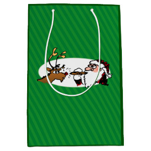 Stogie Santa and Reindeer on Green Stripes Medium Gift Bag