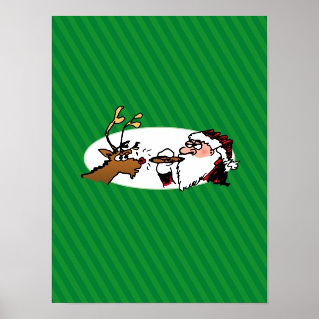 Stogie Santa and Reindeer on Green Stripes Poster (Front)