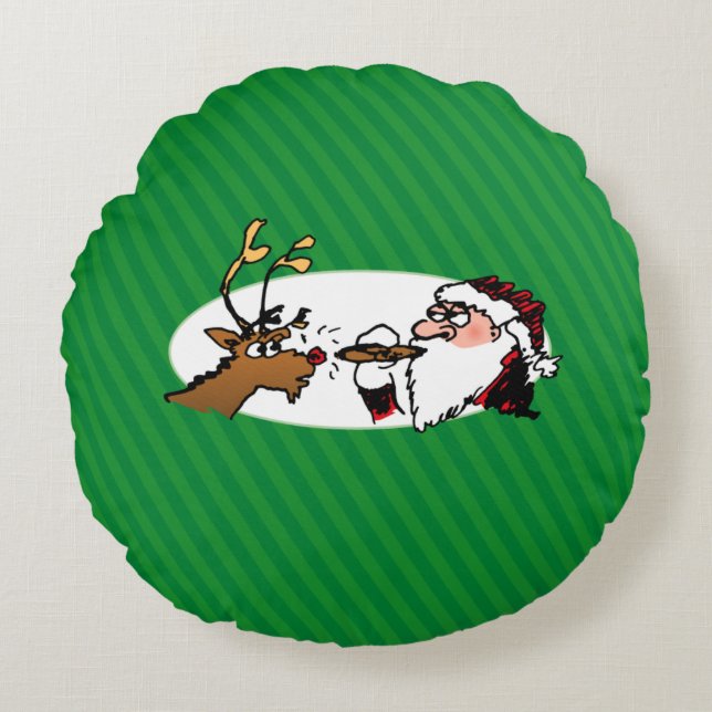 Stogie Santa and Reindeer on Green Stripes Round Cushion (Front)