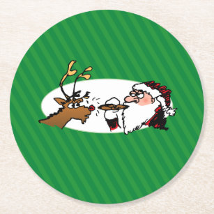 Stogie Santa and Reindeer on Green Stripes Round Paper Coaster