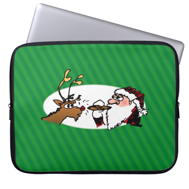 Stogie Smoking Santa Funny Green Stripe Christmas Laptop Sleeve (Front)