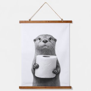 Stoic Otter Holding Toilet Paper Roll Black White Hanging Tapestry