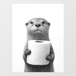 Stoic Otter Holding Toilet Paper Roll Black White Window Cling