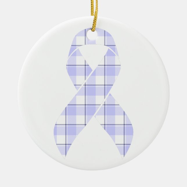 Stomach Cancer Awareness Plaid Periwinkle Ribbon Ceramic Tree Decoration (Front)