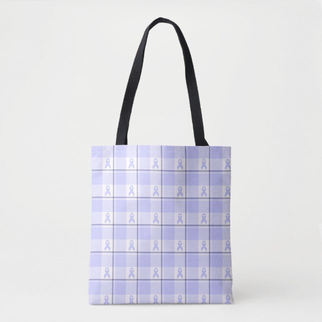 Stomach Cancer Awareness Plaid Periwinkle Ribbon Tote Bag (Front)