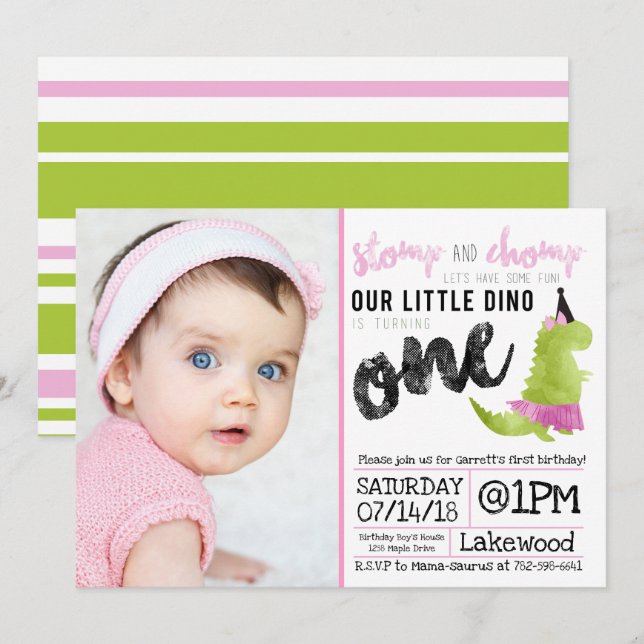 Stomp and Chomp Little Girl Dino Birthday Dinosaur Invitation (Front/Back)