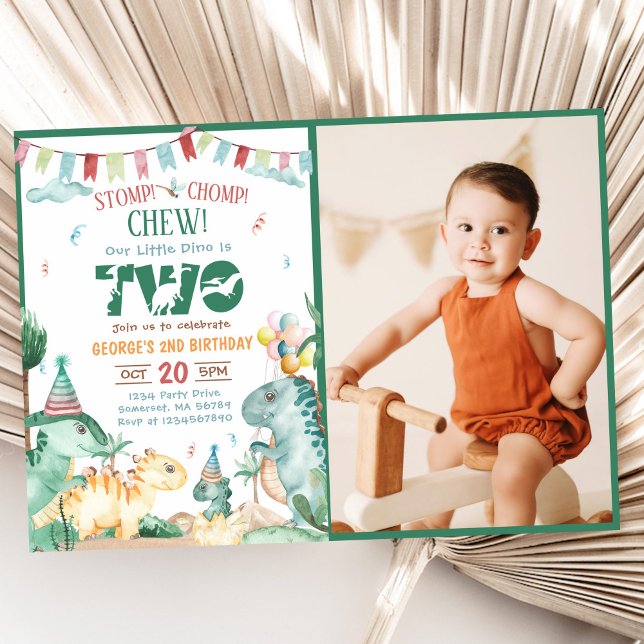 STOMP CHOMP AND CHEW Dinosaur 2nd Birthday Photo Invitation (Creator Uploaded)