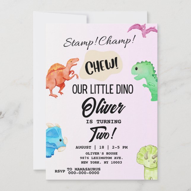 STOMP CHOMP AND CHEW Dinosaur Birthday Invitation (Front)