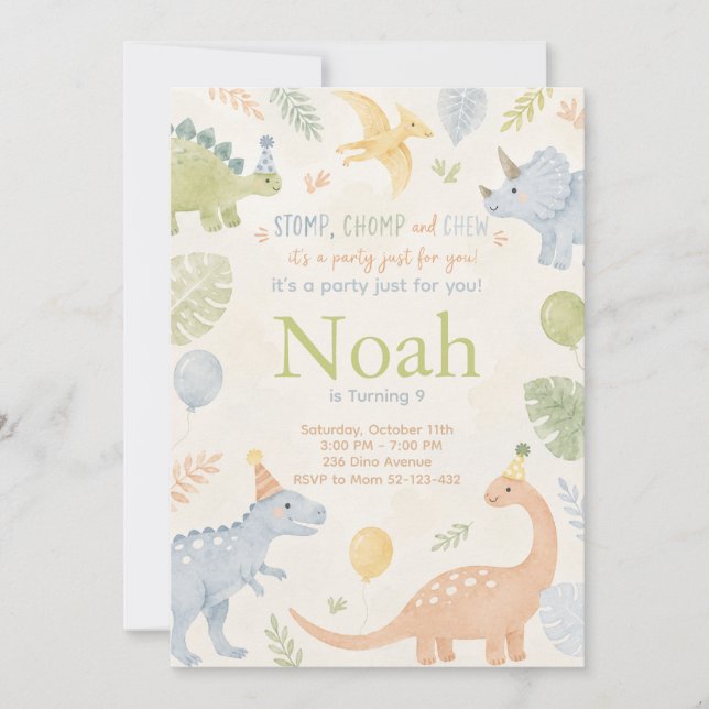 Stomp Chomp And Chew Dinosaur Invitation Editable (Front)