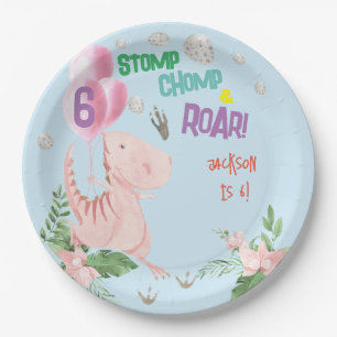 Stomp chomp and roar Dino kids birthday Paper Plate
