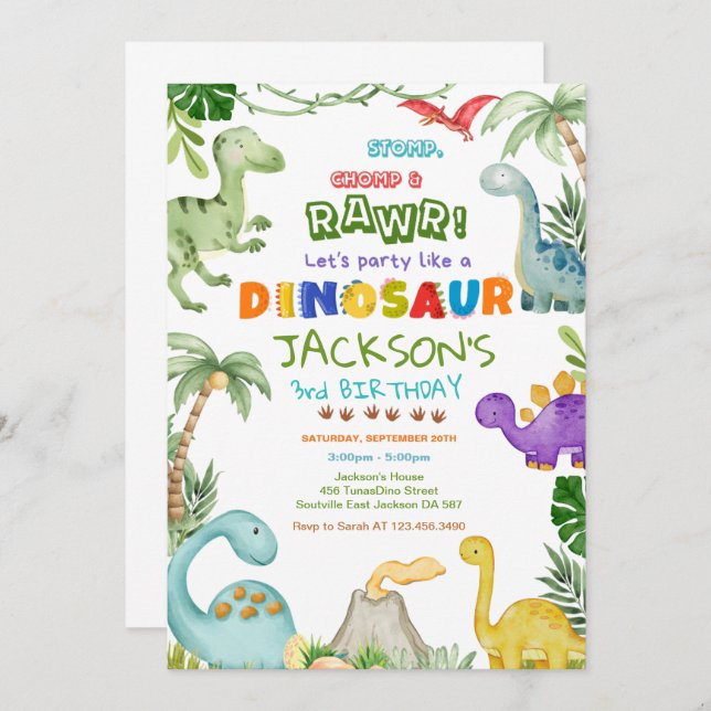 Stomp, Chomp and Roar! Dinosaur Birthday Party  Invitation (Front/Back)