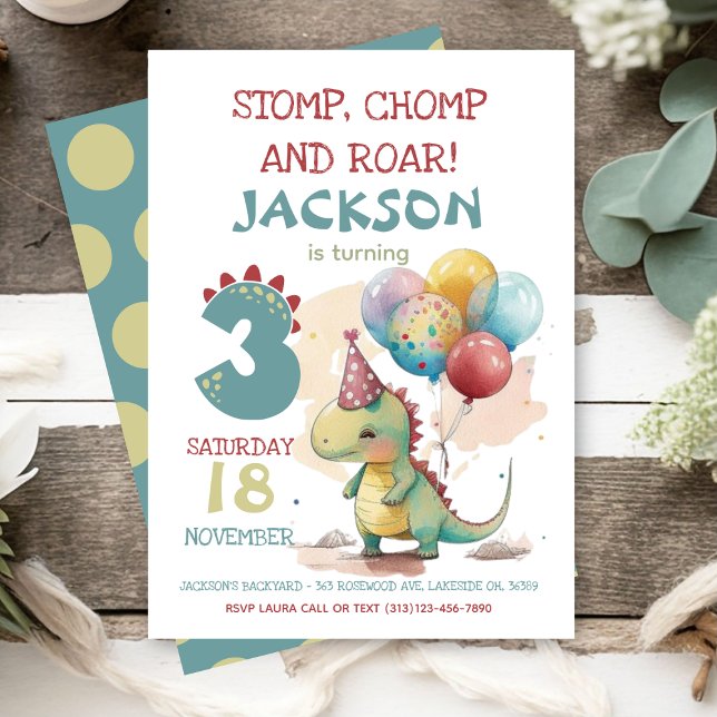 Stomp, Chomp, Chomp Dinosaur 3rd Birthday Party Invitation (Creator Uploaded)