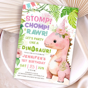 Stomp Chomp Rawr! Dinosaur 1st Birthday Party Girl Invitation