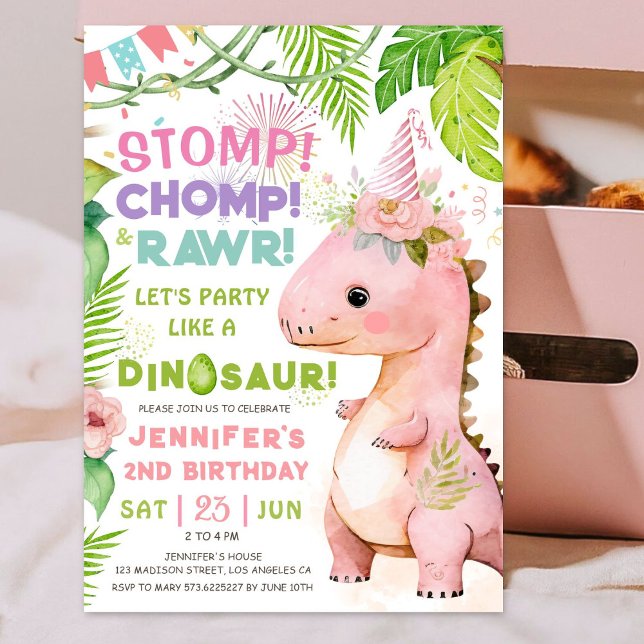 Stomp Chomp Rawr! Dinosaur 2nd Birthday Girl Pink Invitation (#DinosaurBirthdayInvitation #DinosaurBirthdayInvite 
#GirlDinosaurBirthdayInvitation)