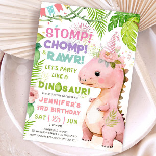 Stomp Chomp Rawr! Dinosaur 3rd Birthday Party Girl Invitation