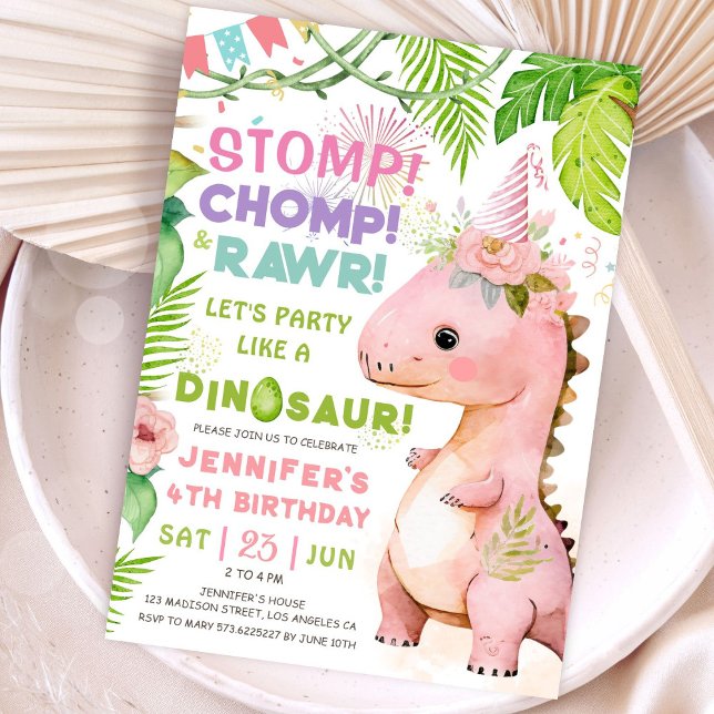 Stomp Chomp Rawr! Dinosaur 4th Birthday Party Girl Invitation (#DinosaurBirthdayInvitation #DinosaurBirthdayInvite #GirlDinosaurBirthdayInvitation
)